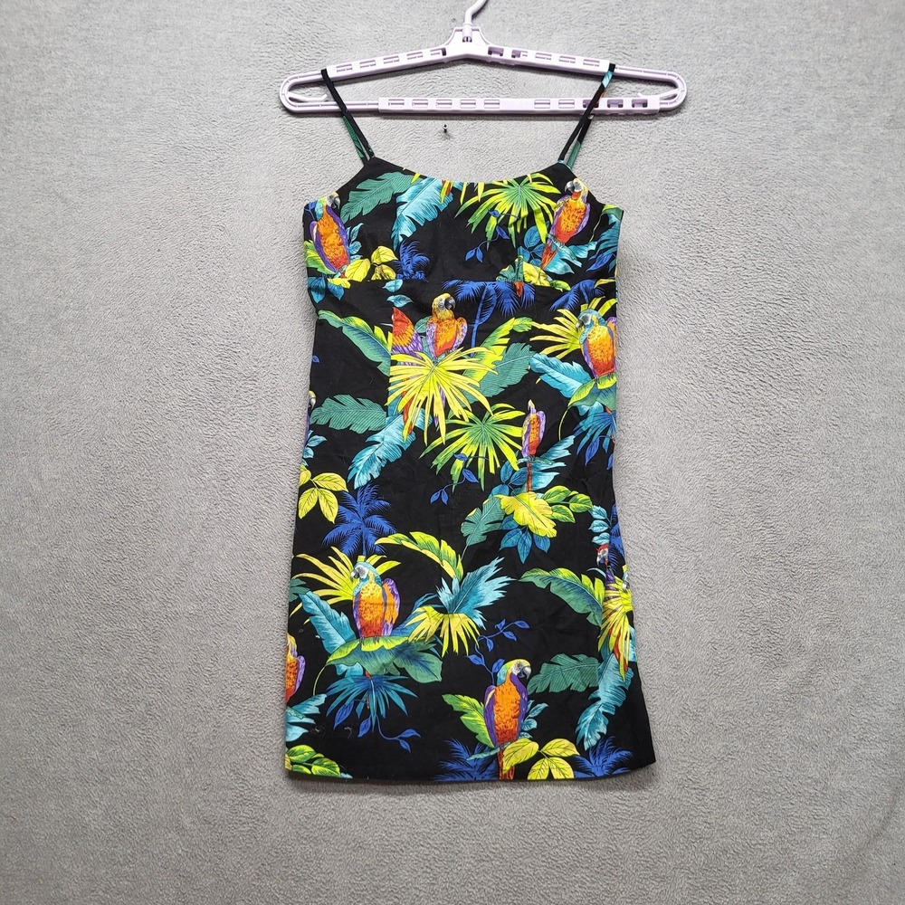 VINTAGE Shannon Marie Women Dress L Black Parrot Of Paradise Leaves Sundress